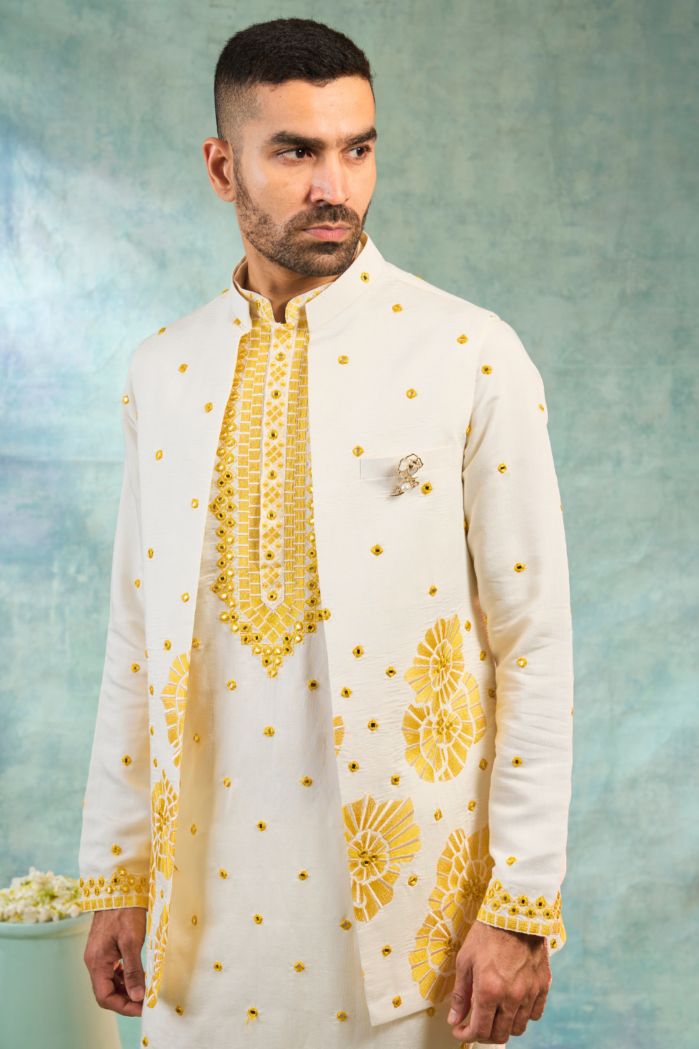 White & yellow silk koti set with thread and mirror work