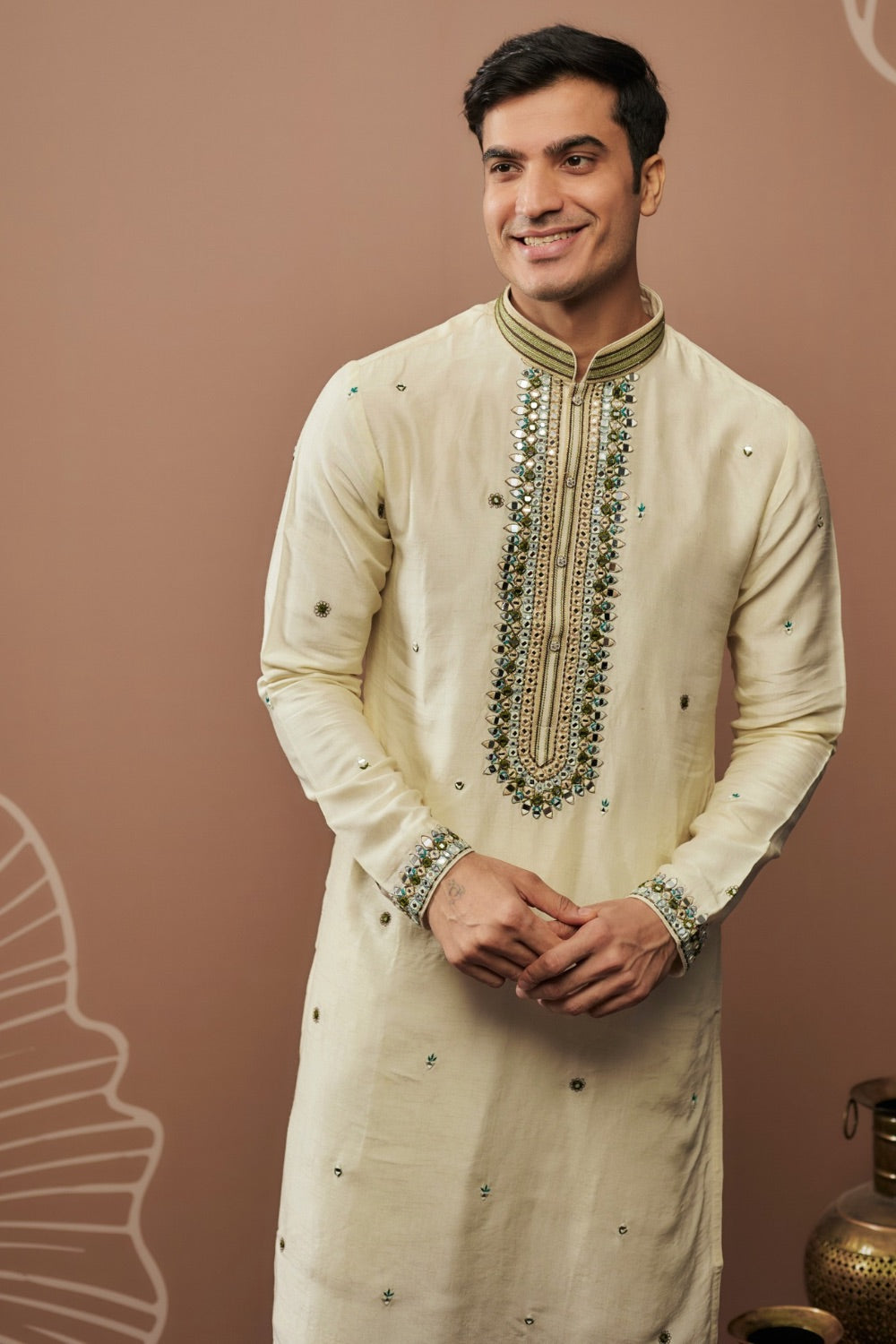 Silver silk kurta pajama with hand & machine work