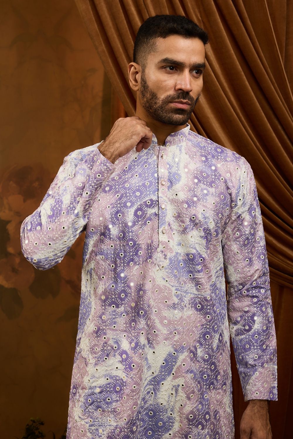 Light purple silk kurta pajama set with white embroidery and mirror machine work