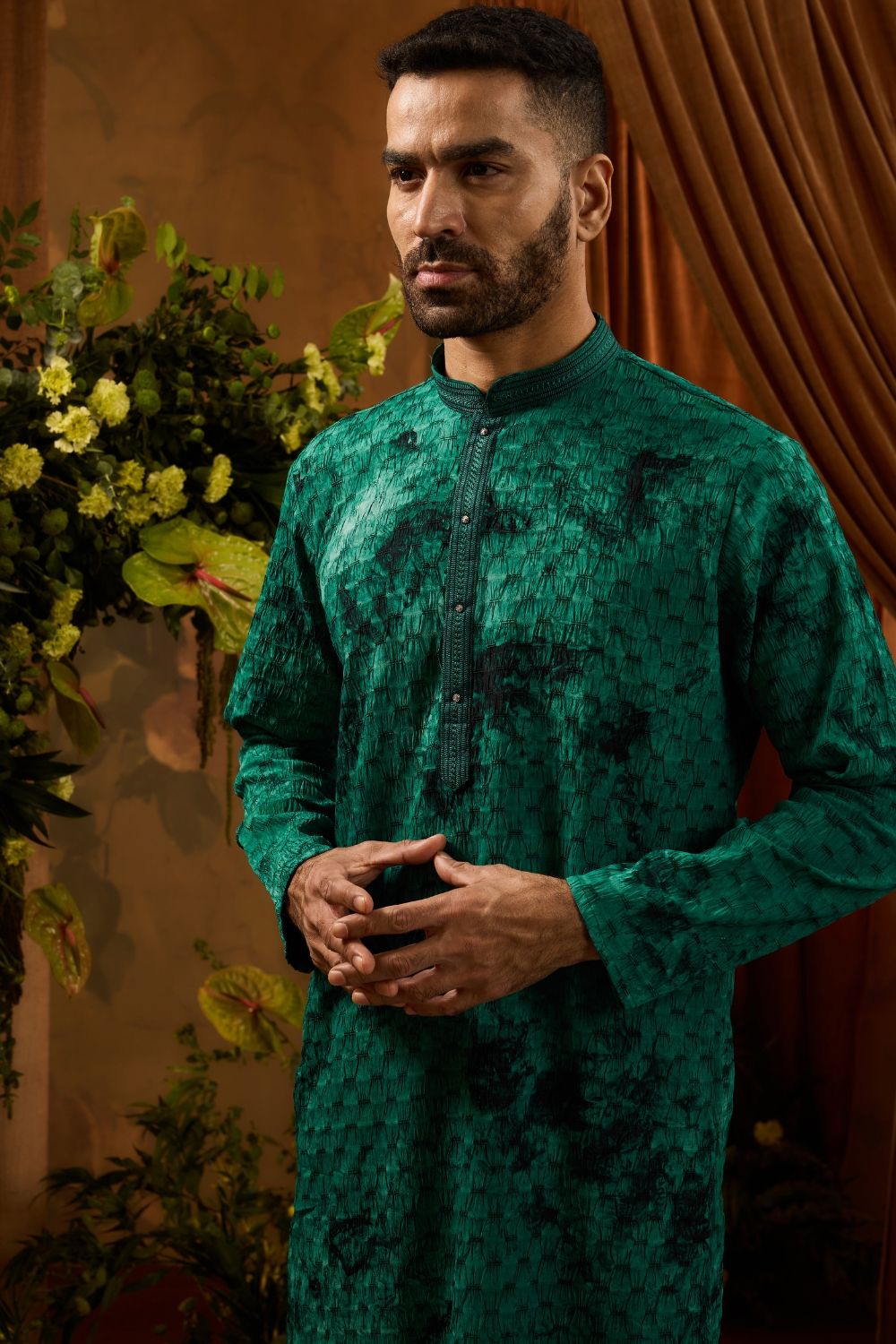 Green silk kurta pajama set with thread work