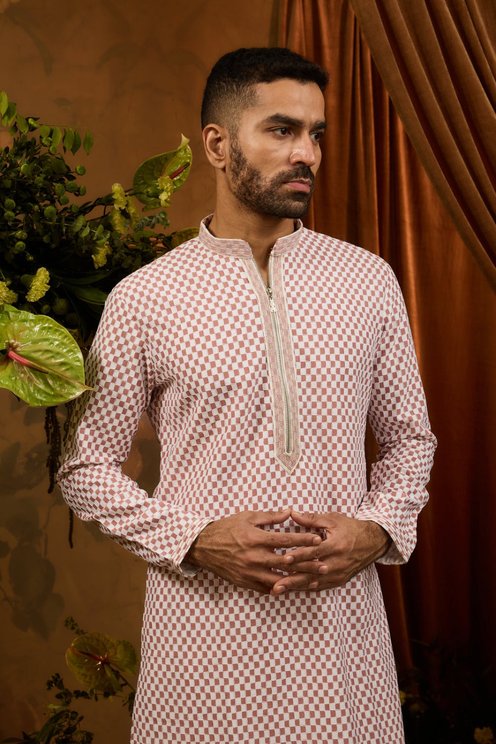 White silk kurta pajama with peach checkered pattern