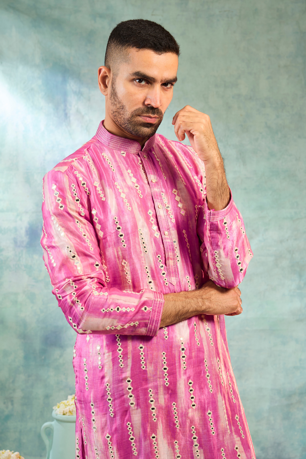 Pink silk kurta with thread and mirror work