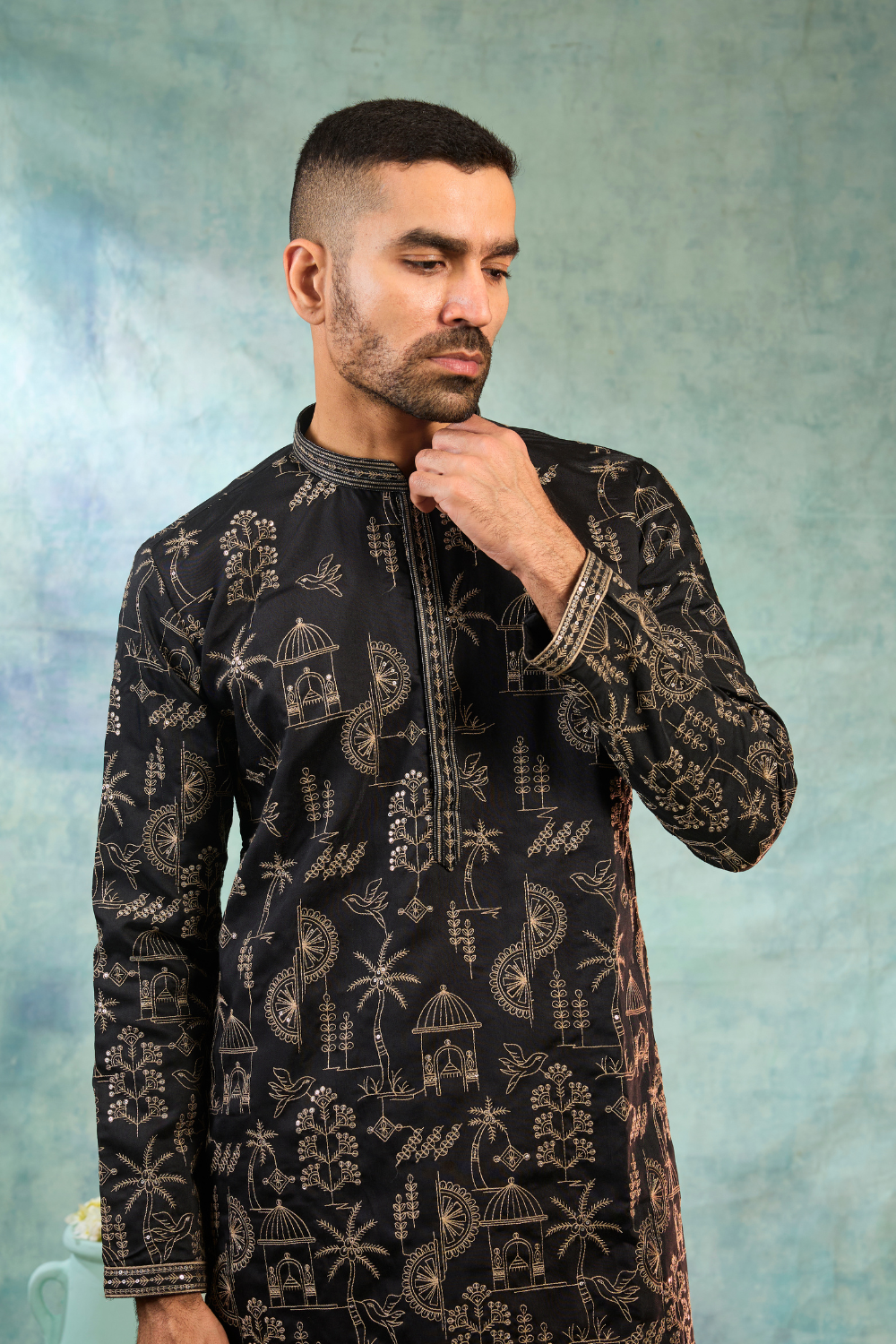 Black silk kurta set with golden thread work