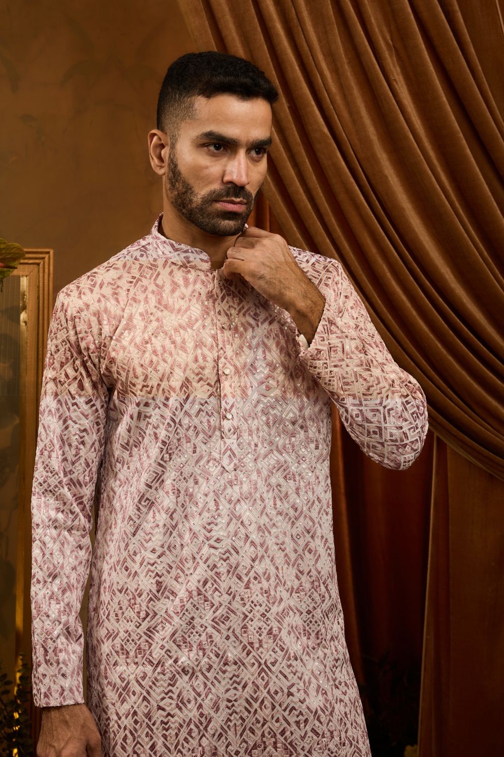 Ivory silk kurta pajama set with onion colour thread, sequin and embroidery work