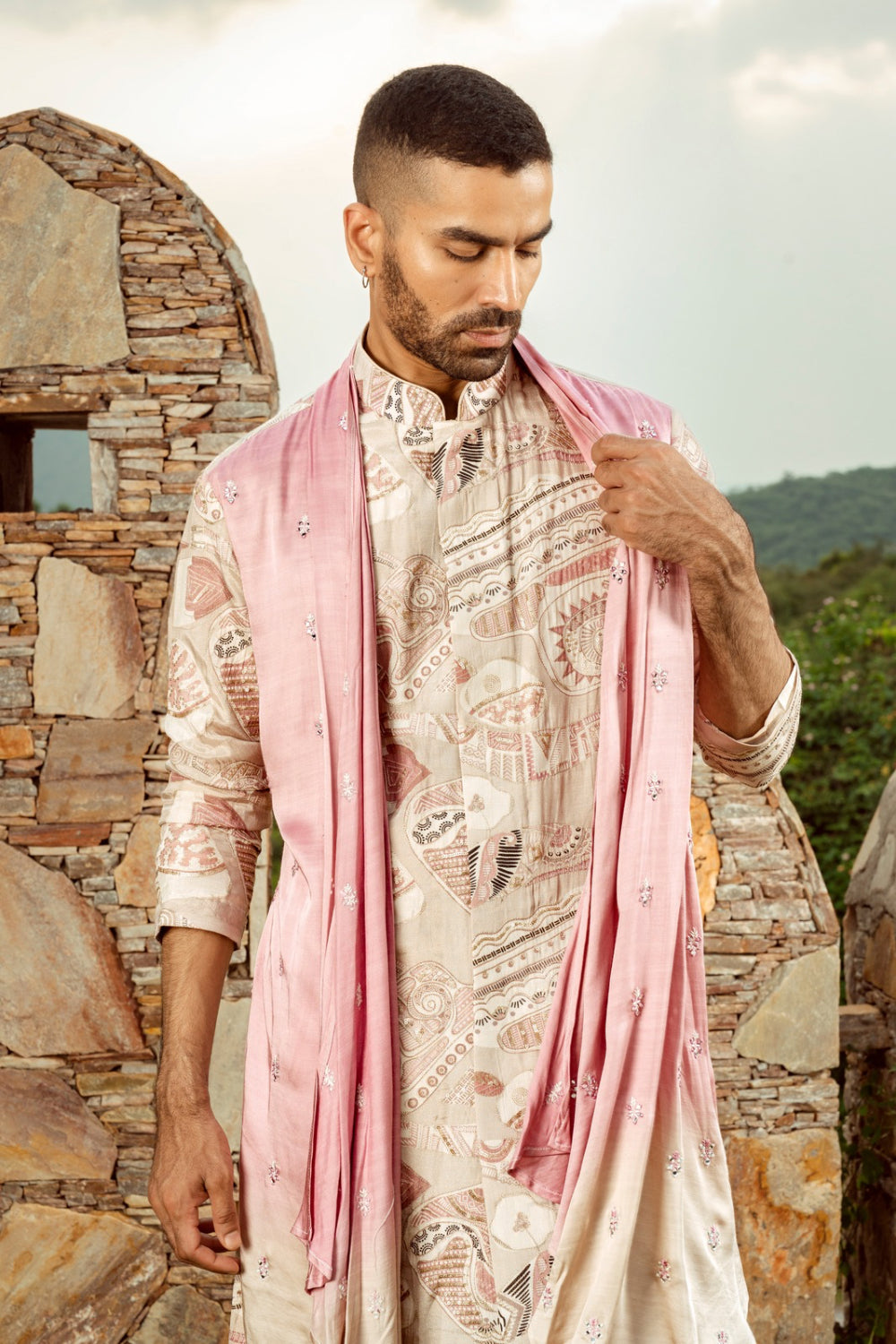 Multicolour silk printed kurta set with subtle sequins work