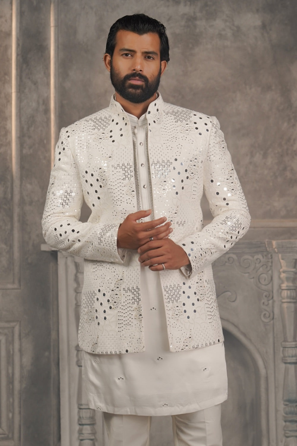 Pristine white splendid silk Open jacket kurta set