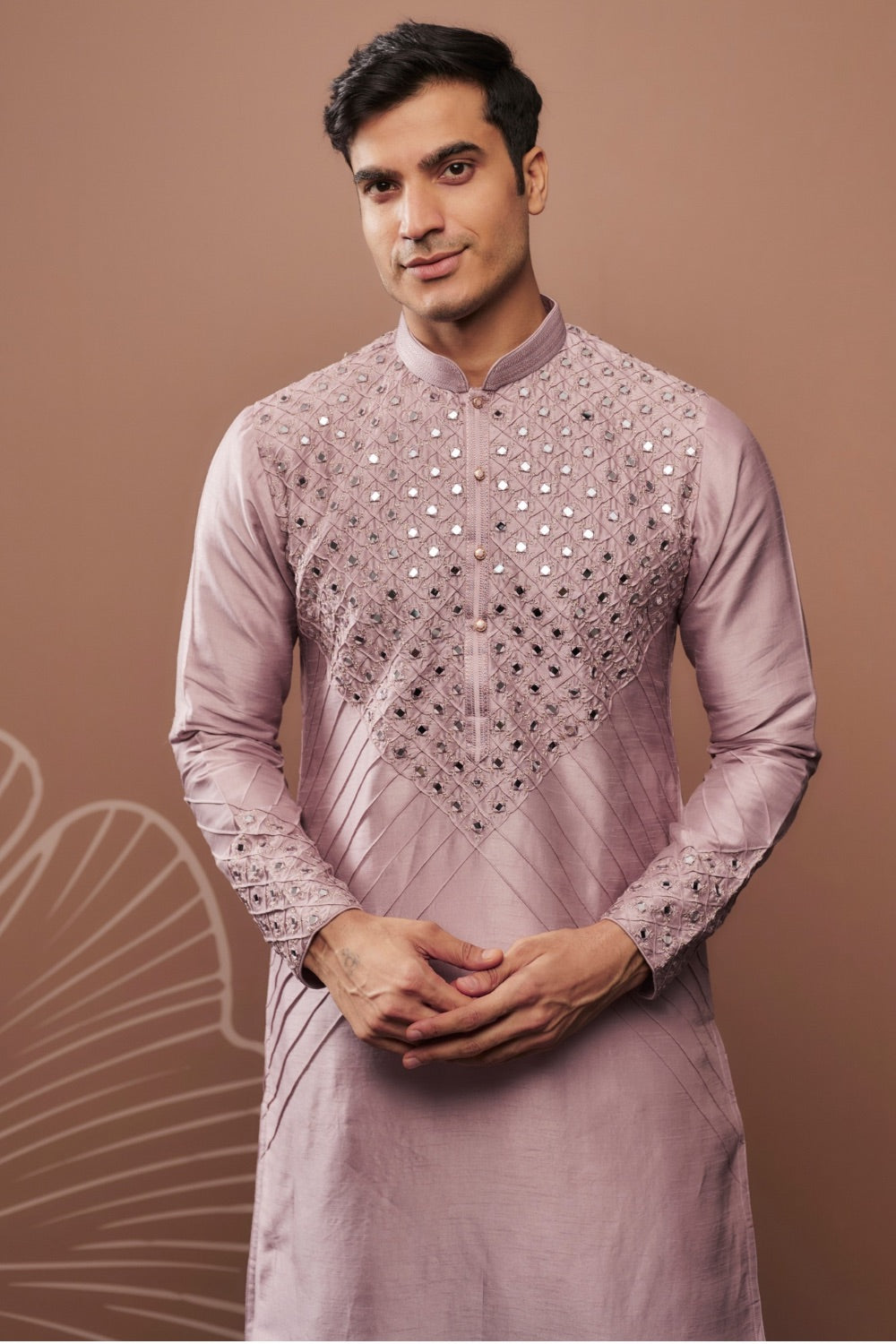 Light purple silk kurta and pajama with hand and machine work