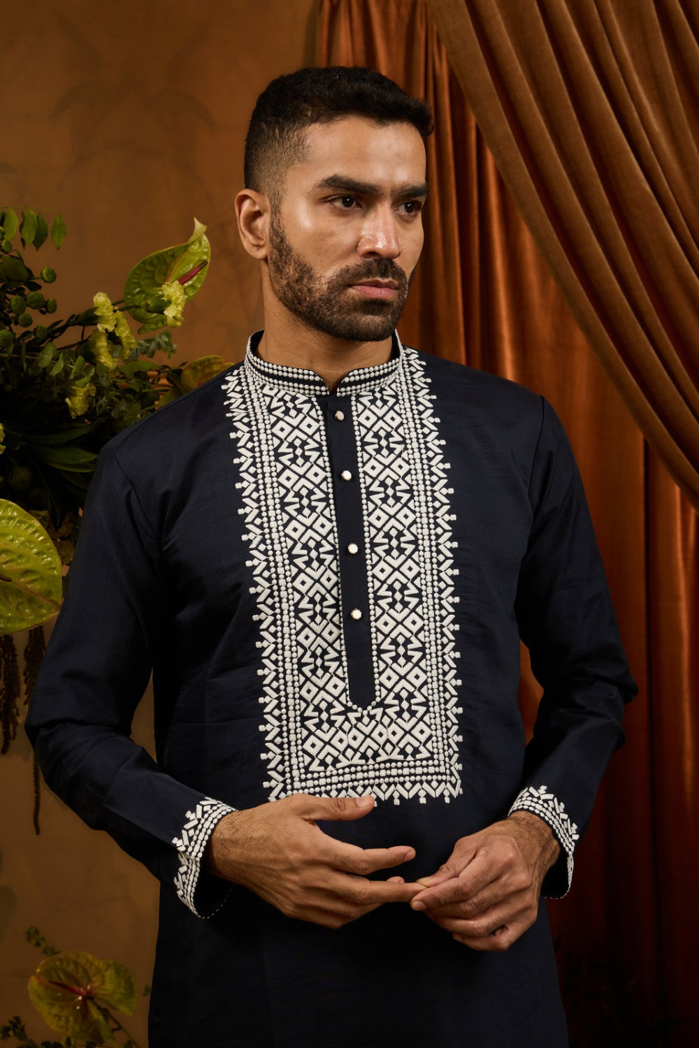 Black & White silk kurta set with white thread embroidery