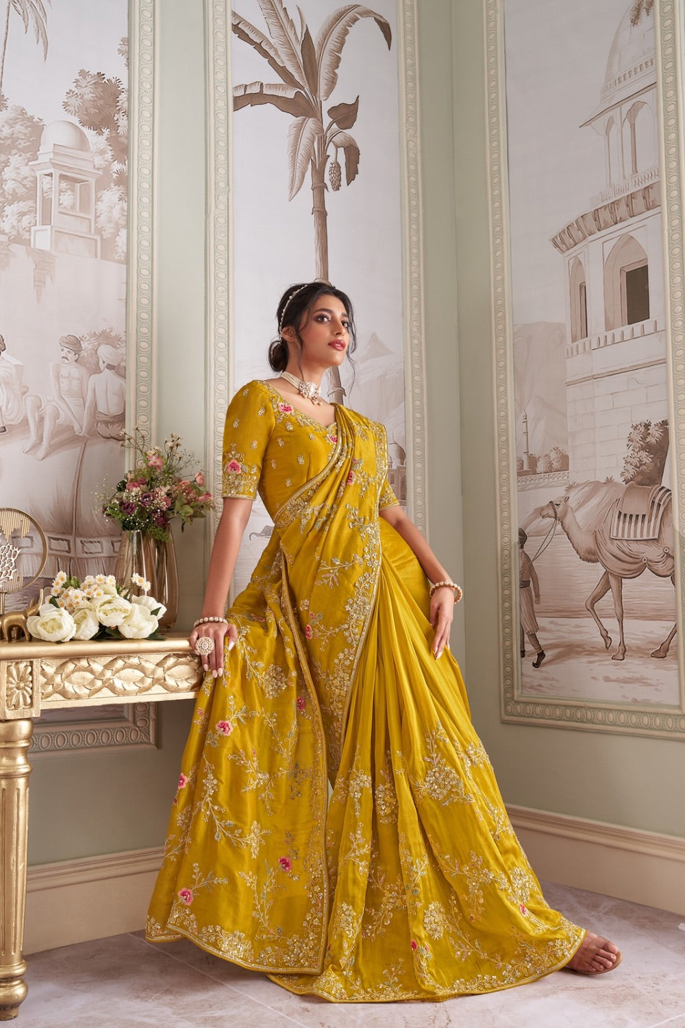 Bright yellow organza silk saree with unstitched blouse