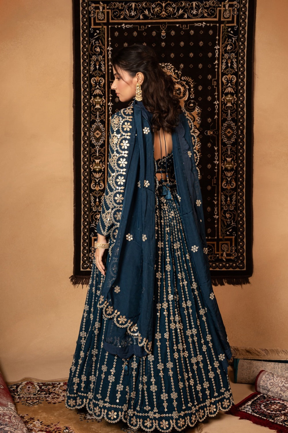 Dark Blue georgette lehenga choli with foil mirror work