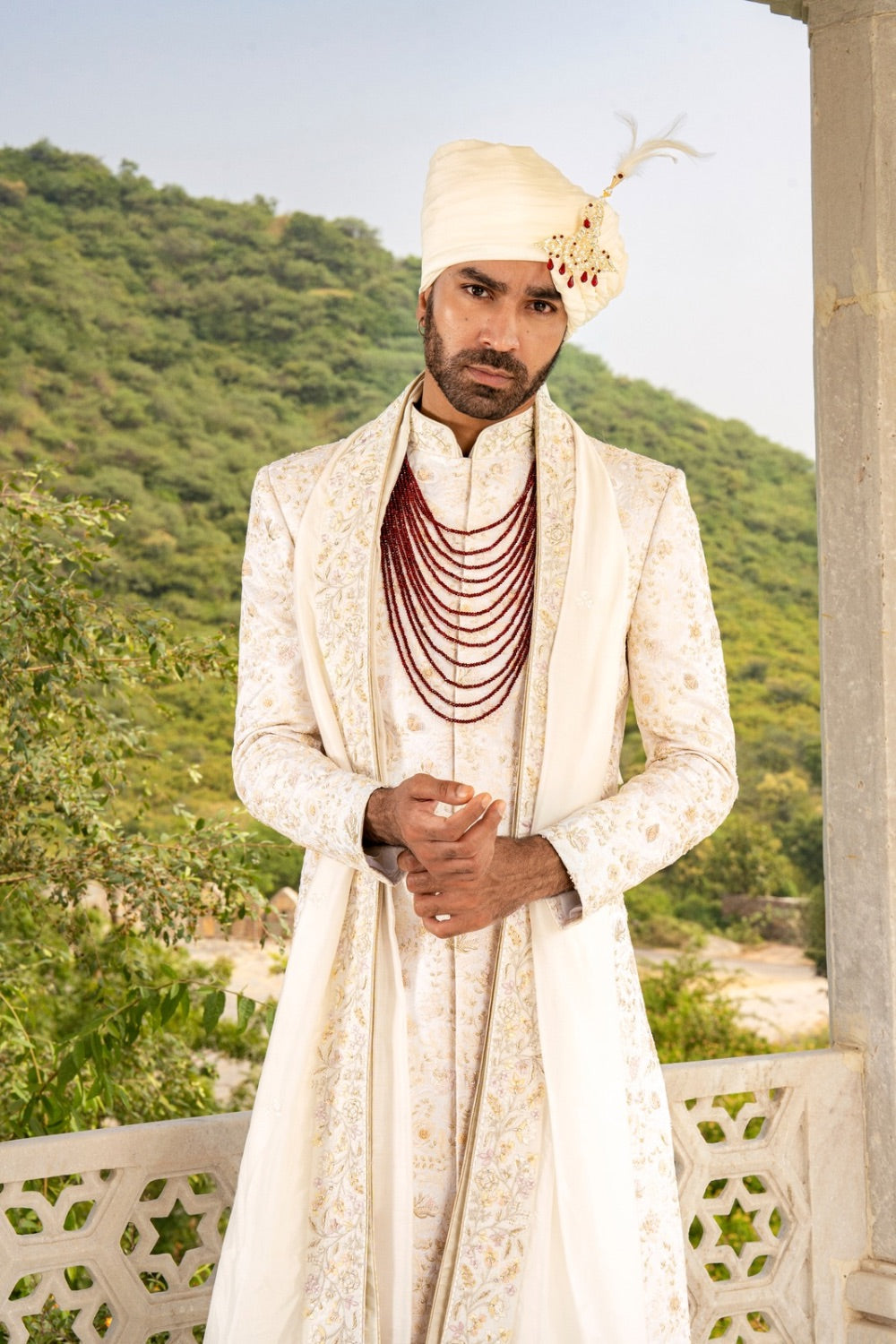 Off-White silk sherwani with golden zardozi embroidery work