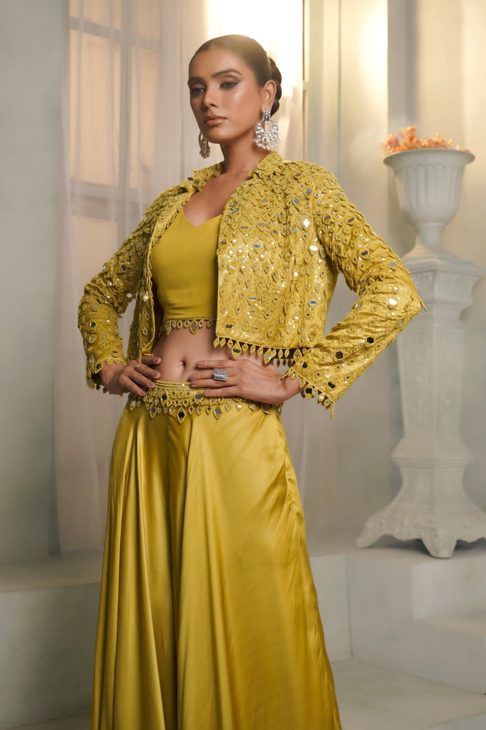 Bright yellow gaji silk Indo western