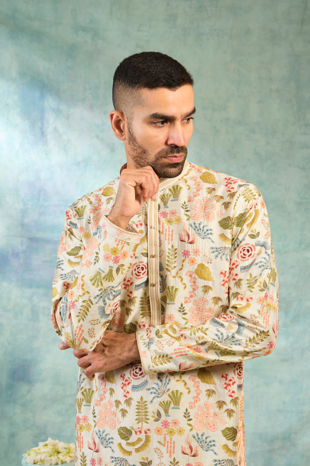 Silk cream kurta with multicolour thread work