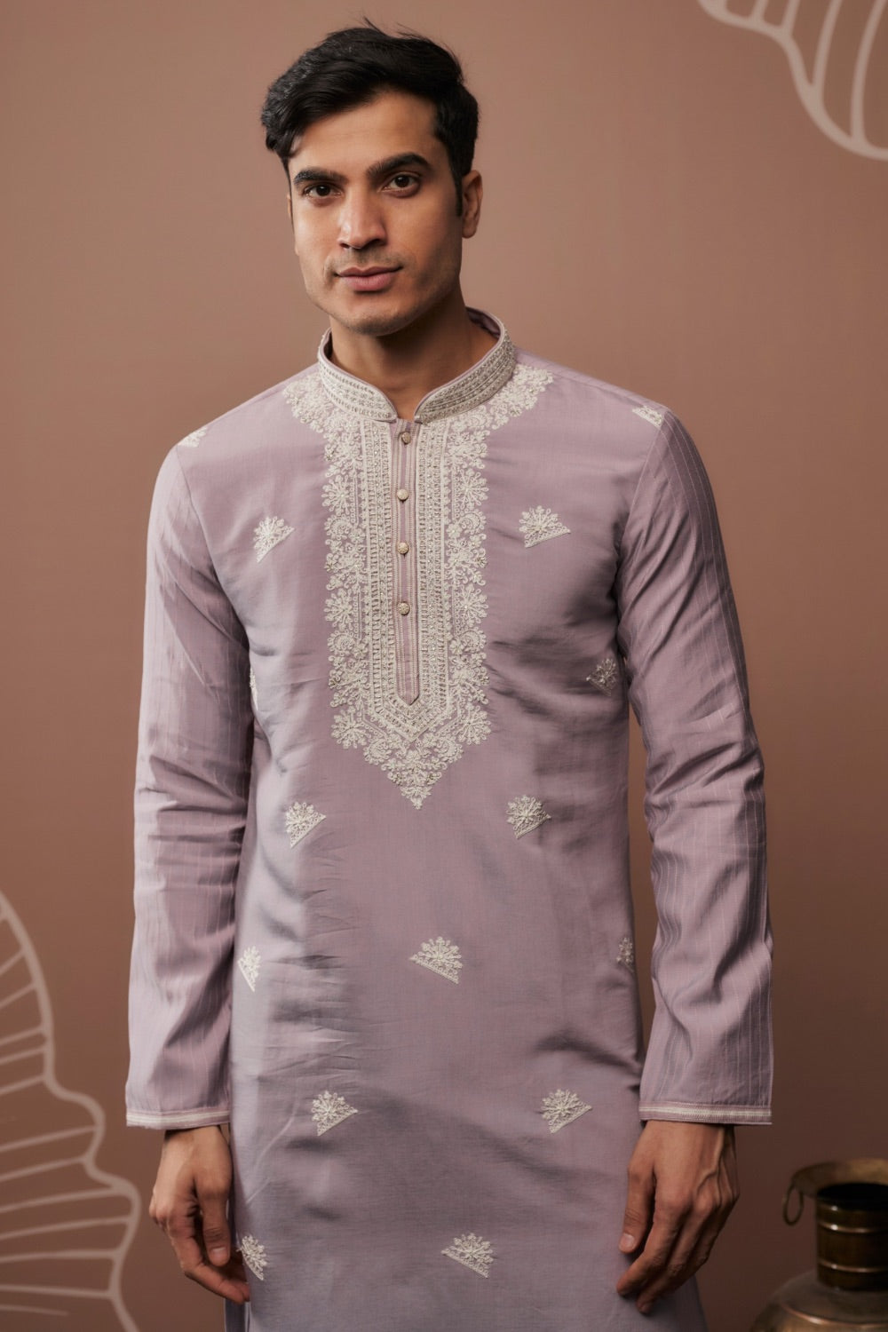 Lilac silk kurta set with hand and mahcine work