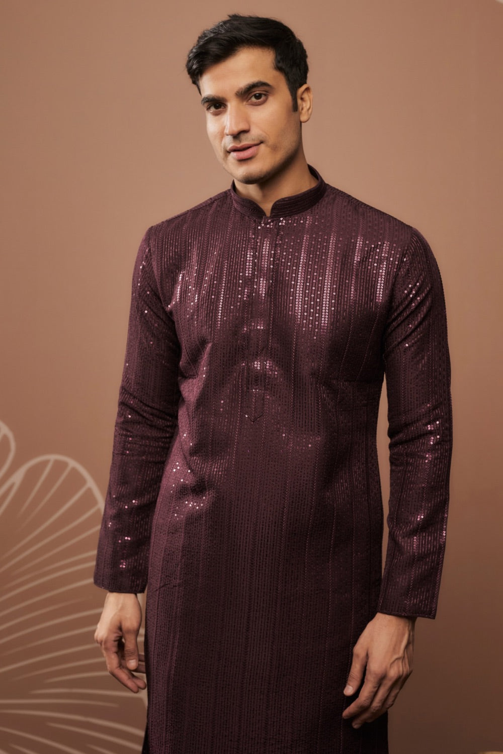 Purple silk kurta set with sequin work