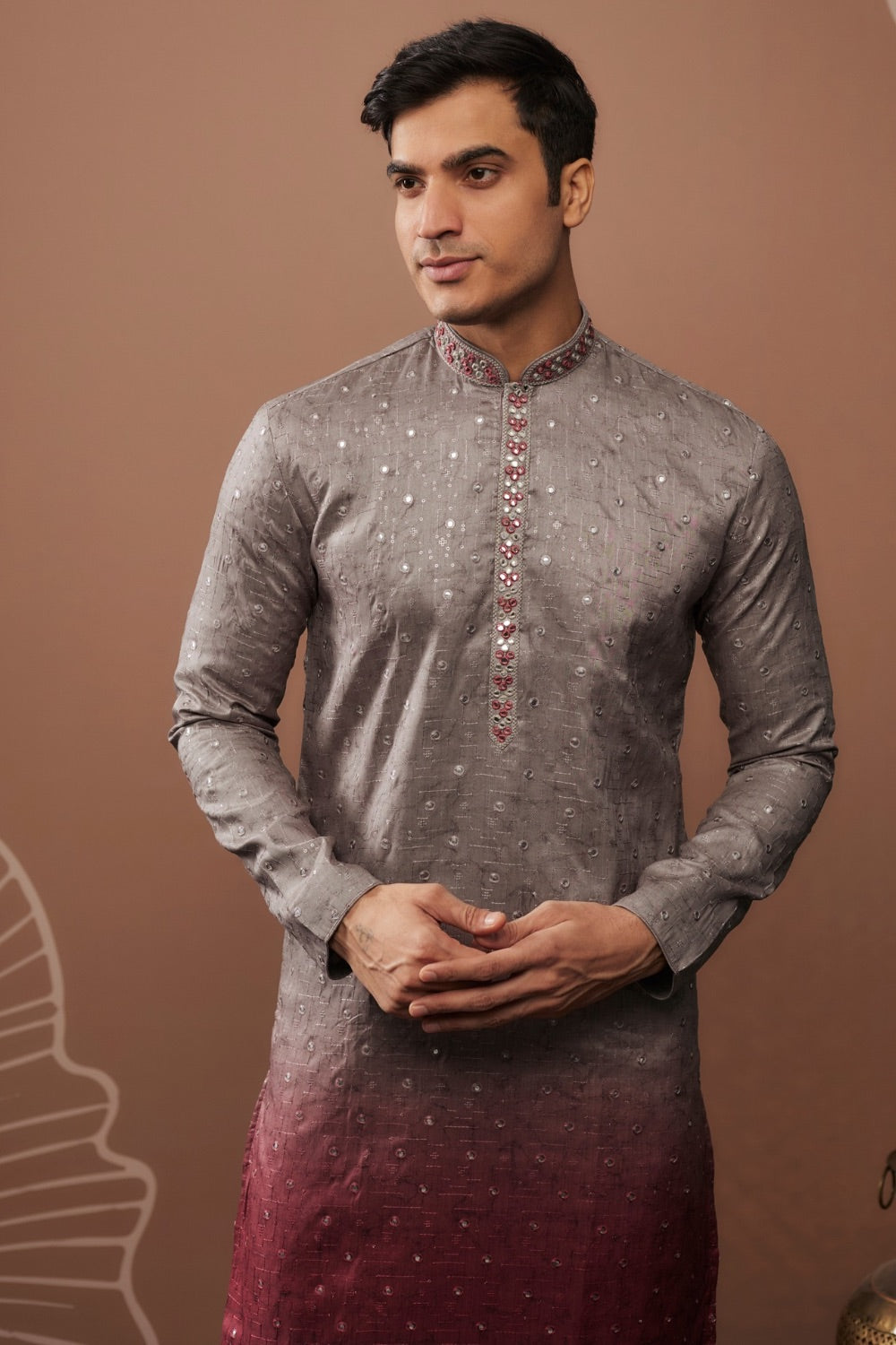 Silver and wine shaded silk kurta & pajama with hand & machine work