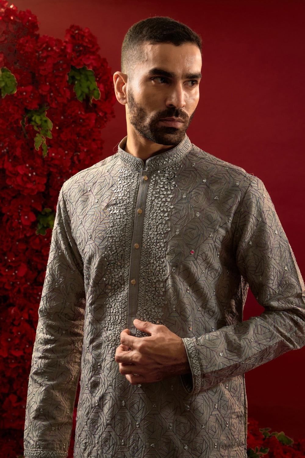 Mehandi silk kurta & pajama with hand and machine work