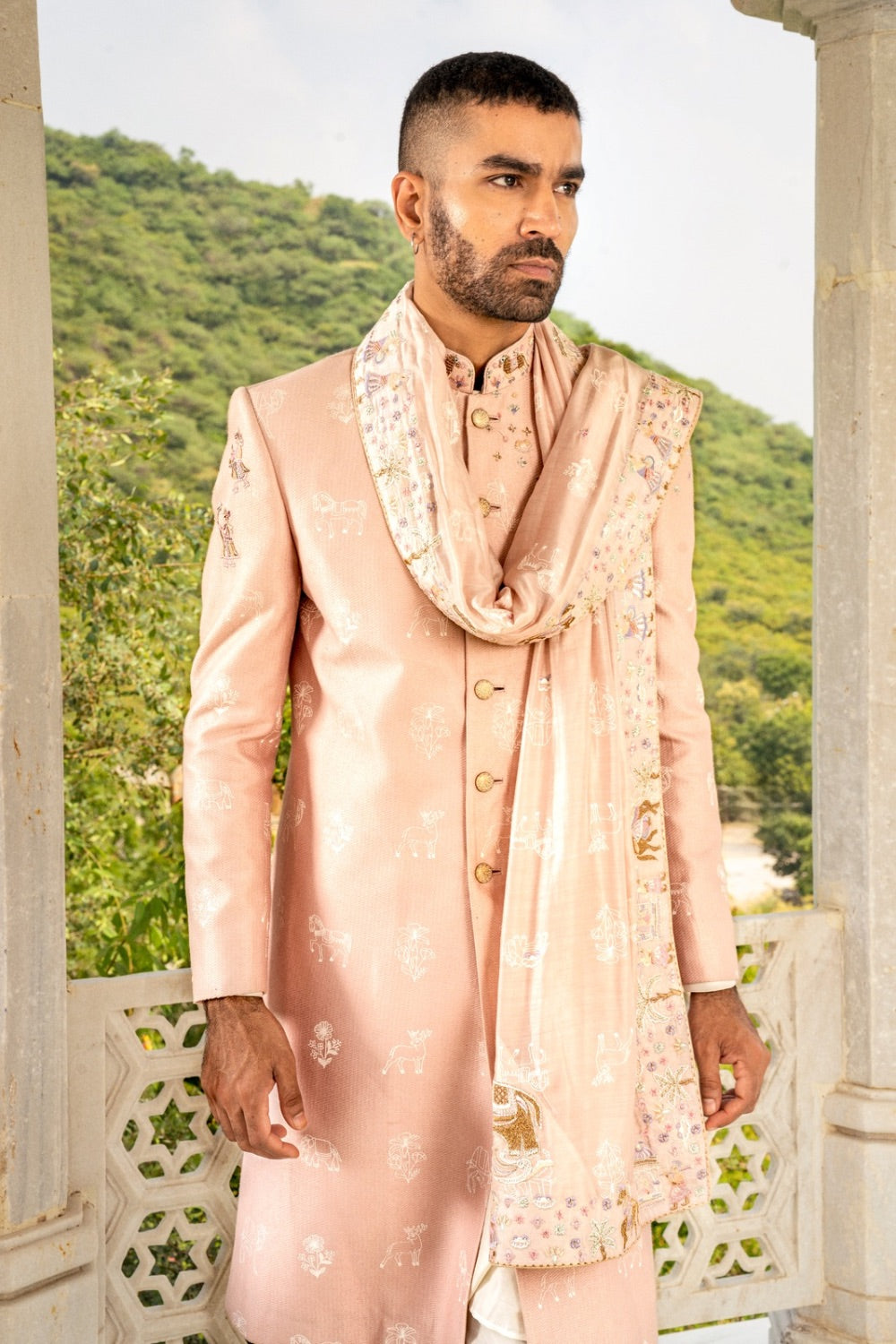 Peach matka silk sherwani with thread and hand cut dana work