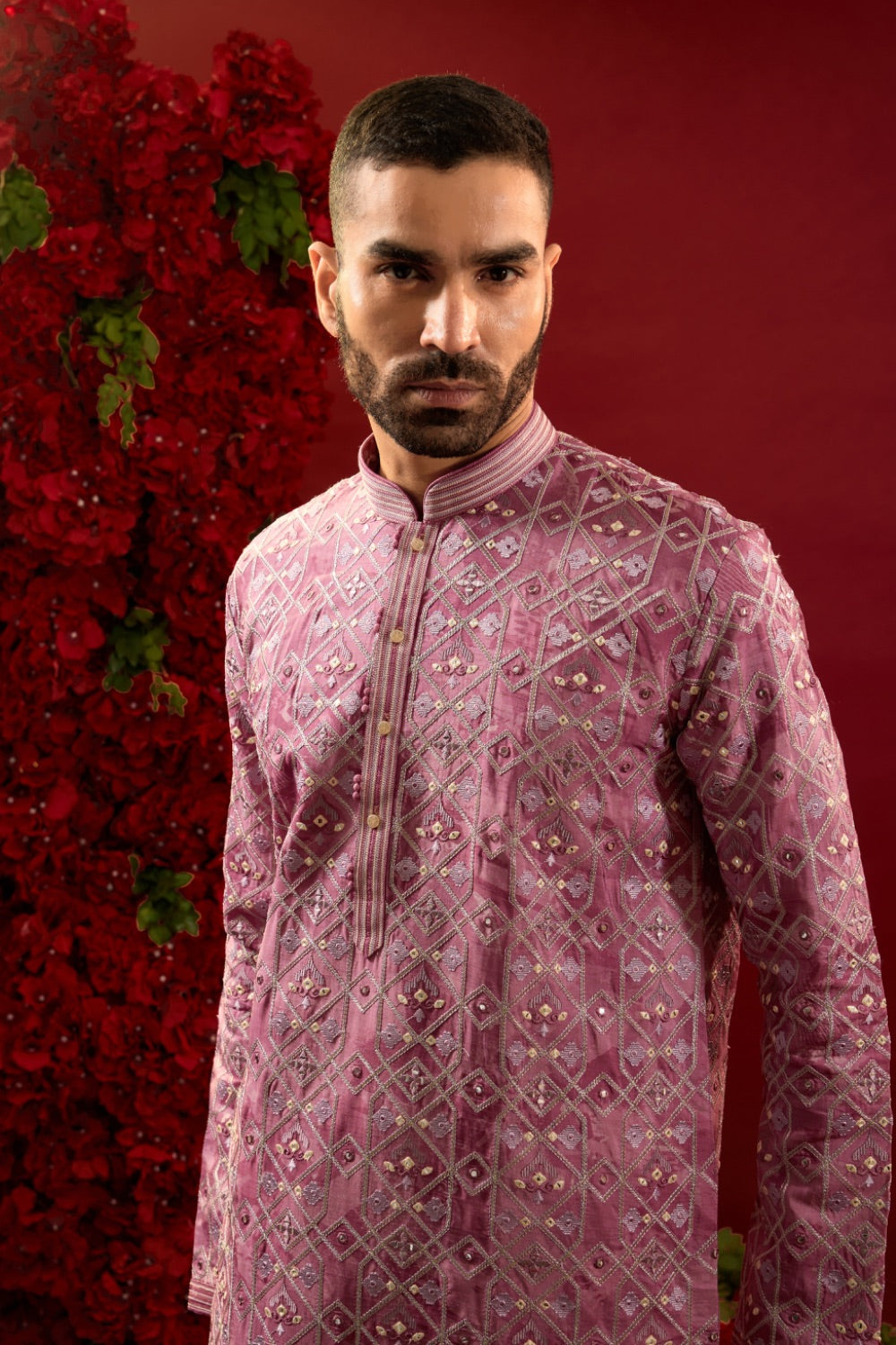 Light purple silk  kurta & pajama with  machine work