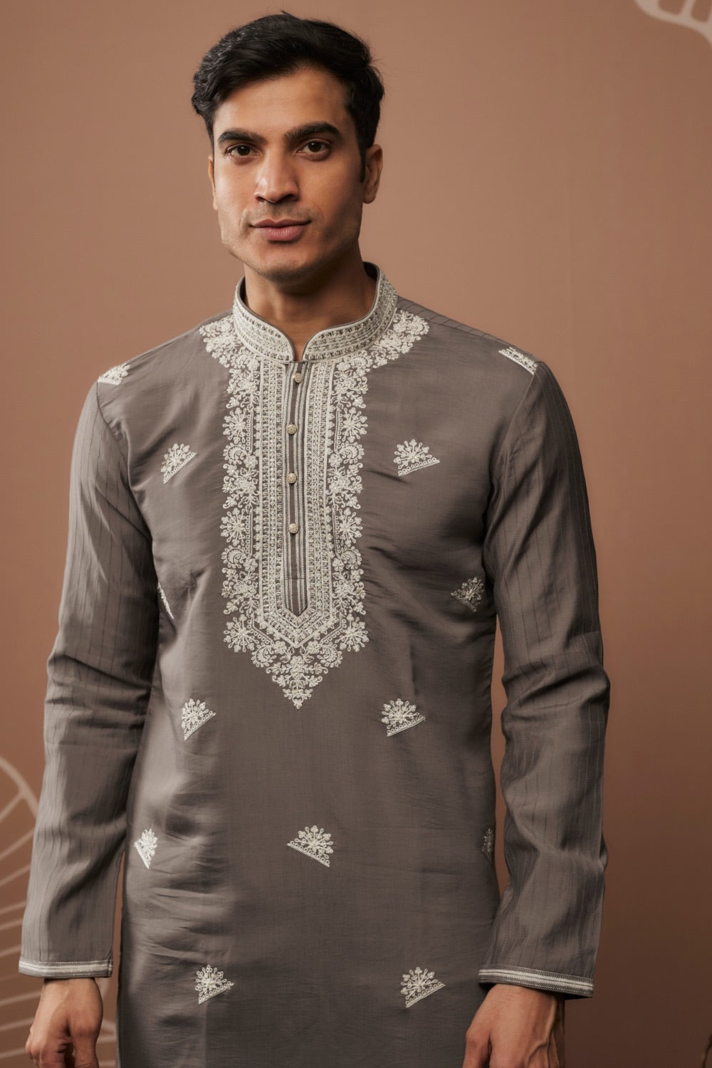 Taupe embroidered silk kurta set