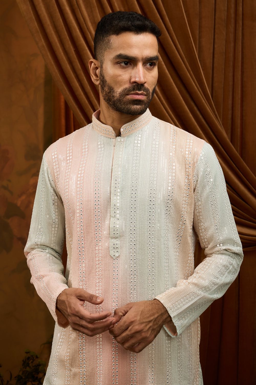 Pista silk kurta pajama set with white embroidery thread and sequin work