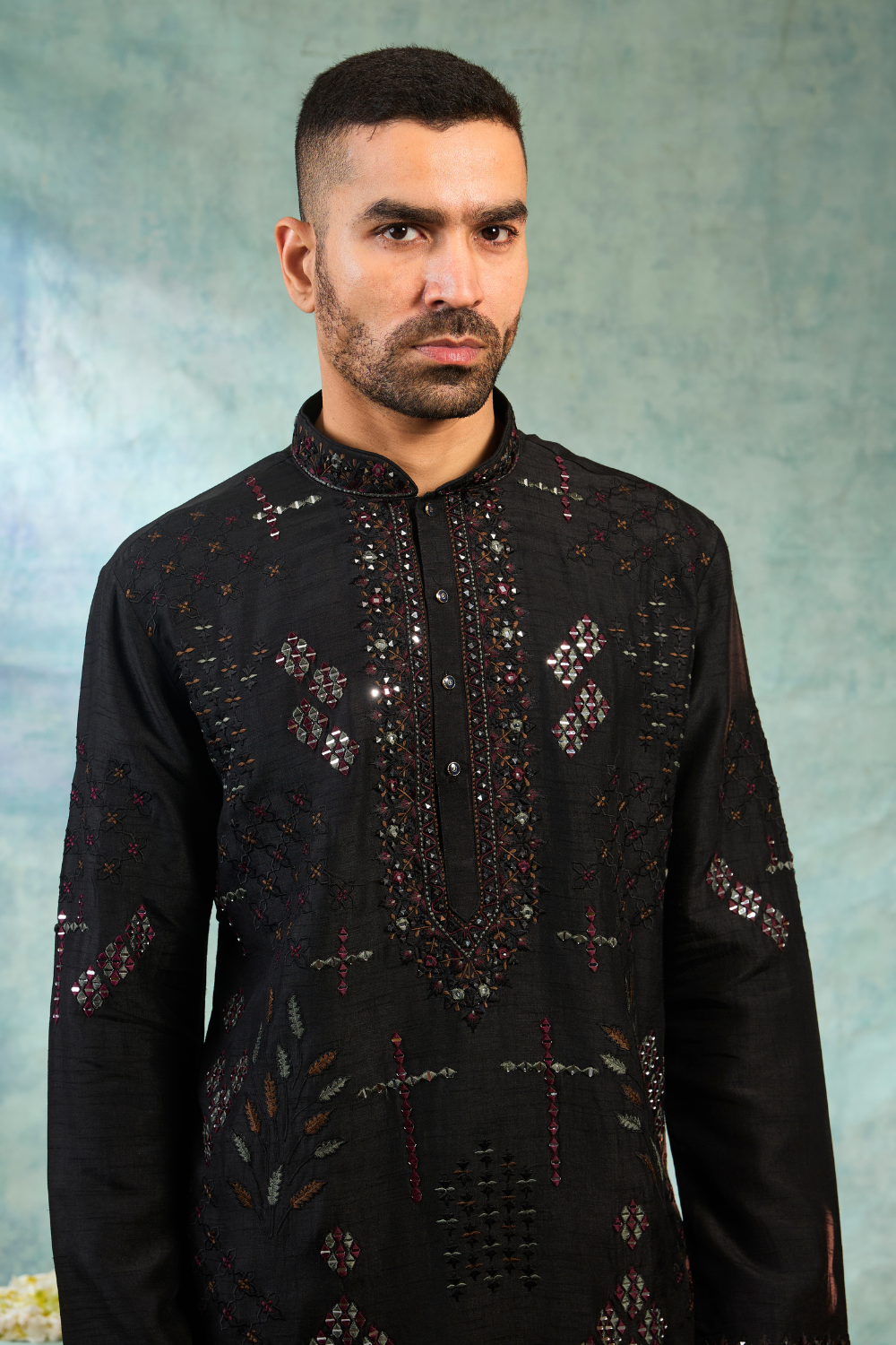 Black kurta set with maroon and silver thread work and mirror work