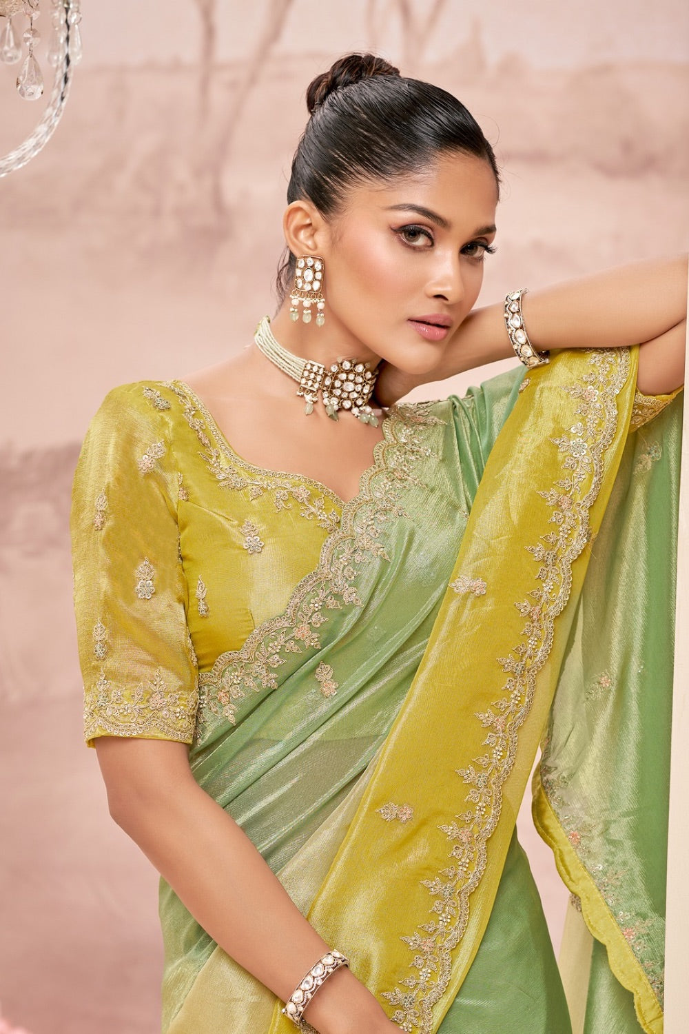 Yellow-Green ombre soft silk saree with yellow unstitched blouse