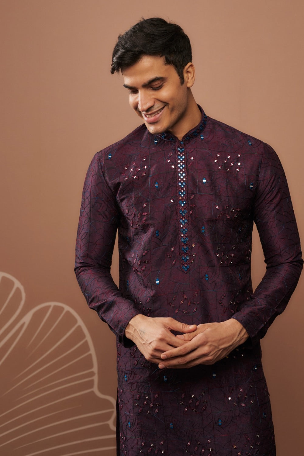 Purple mirror embroidered silk kurta set