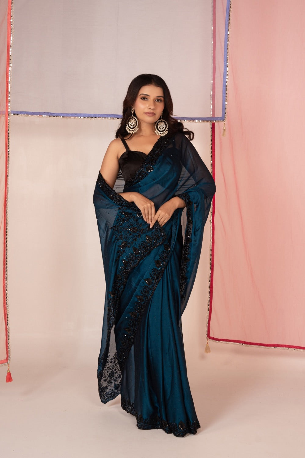 Peacock blue satin silk saree and unstitched blouse piece