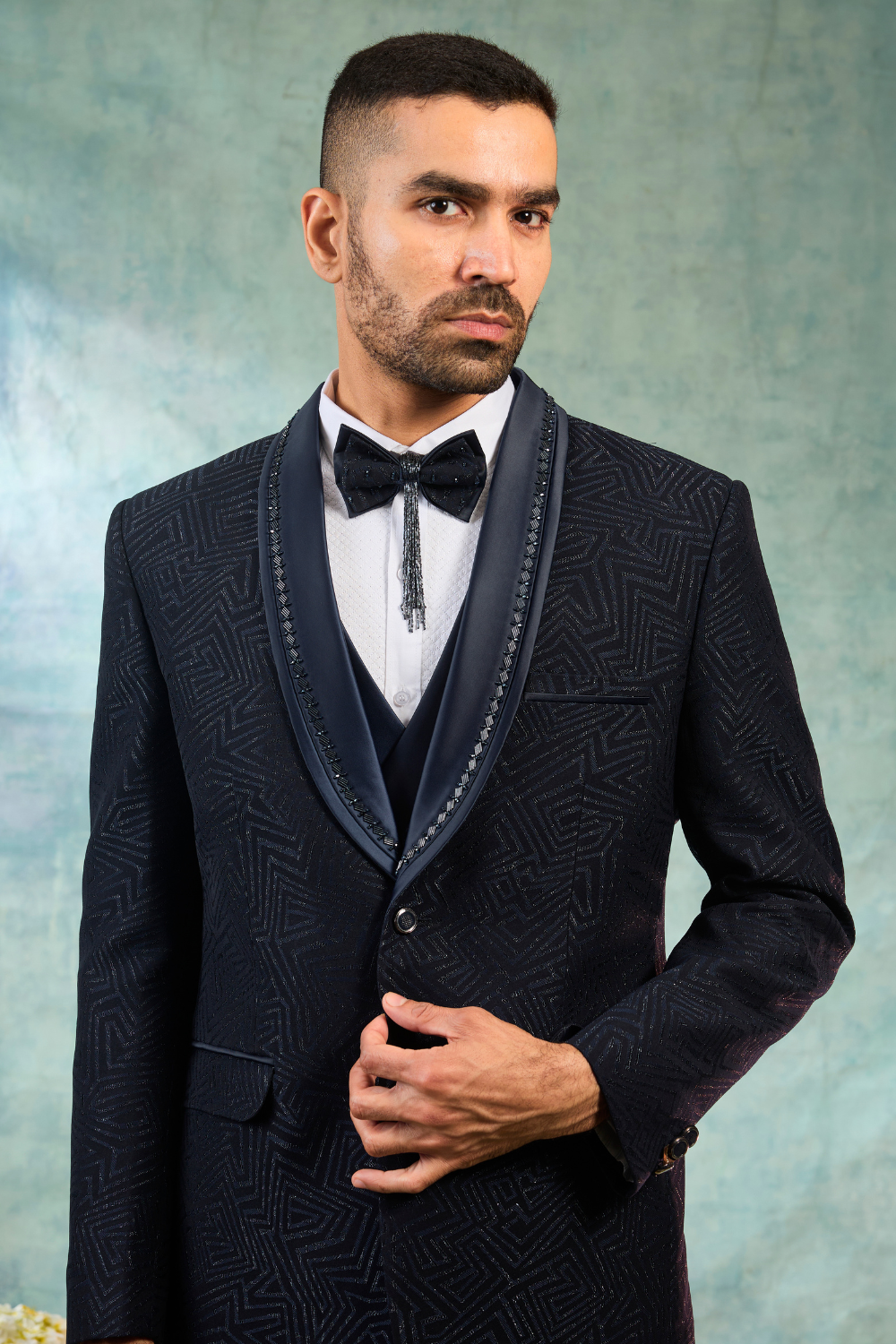 Dark blue jacquard tuxedo with lapel work