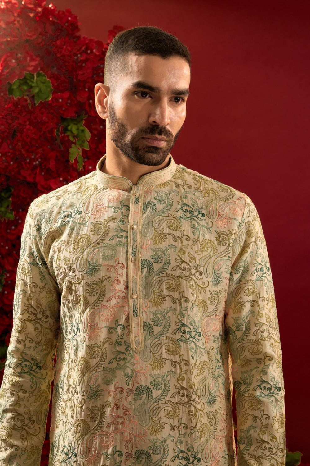 Green silk  kurta with machine work