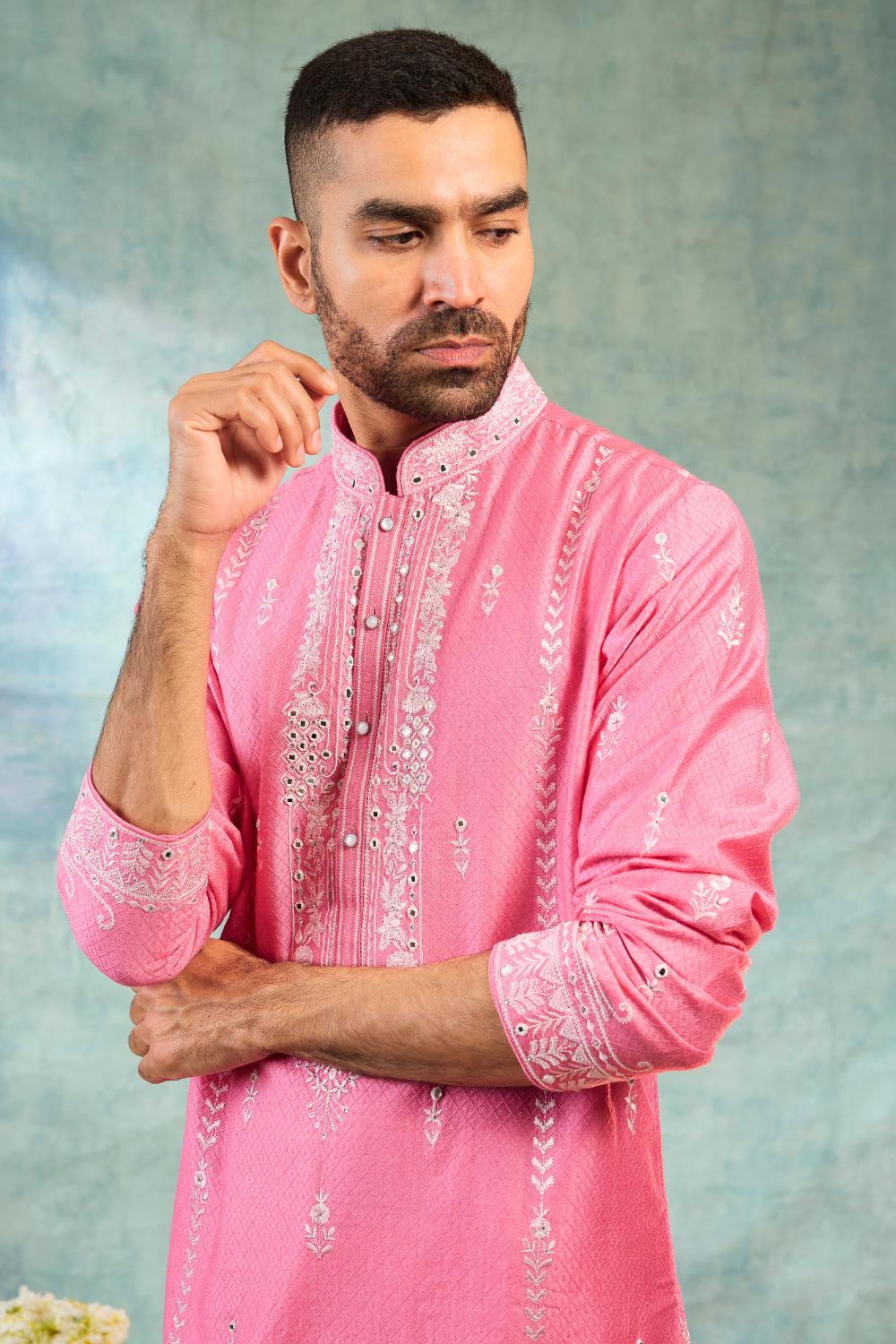 Baby pink silk kurta set with white detailing and mirror work