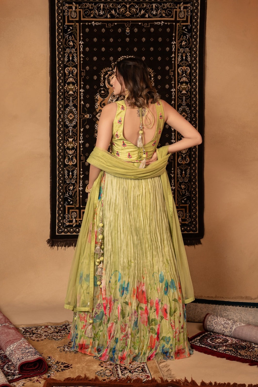 Tea green georgette lehenga choli with resham and mirror work