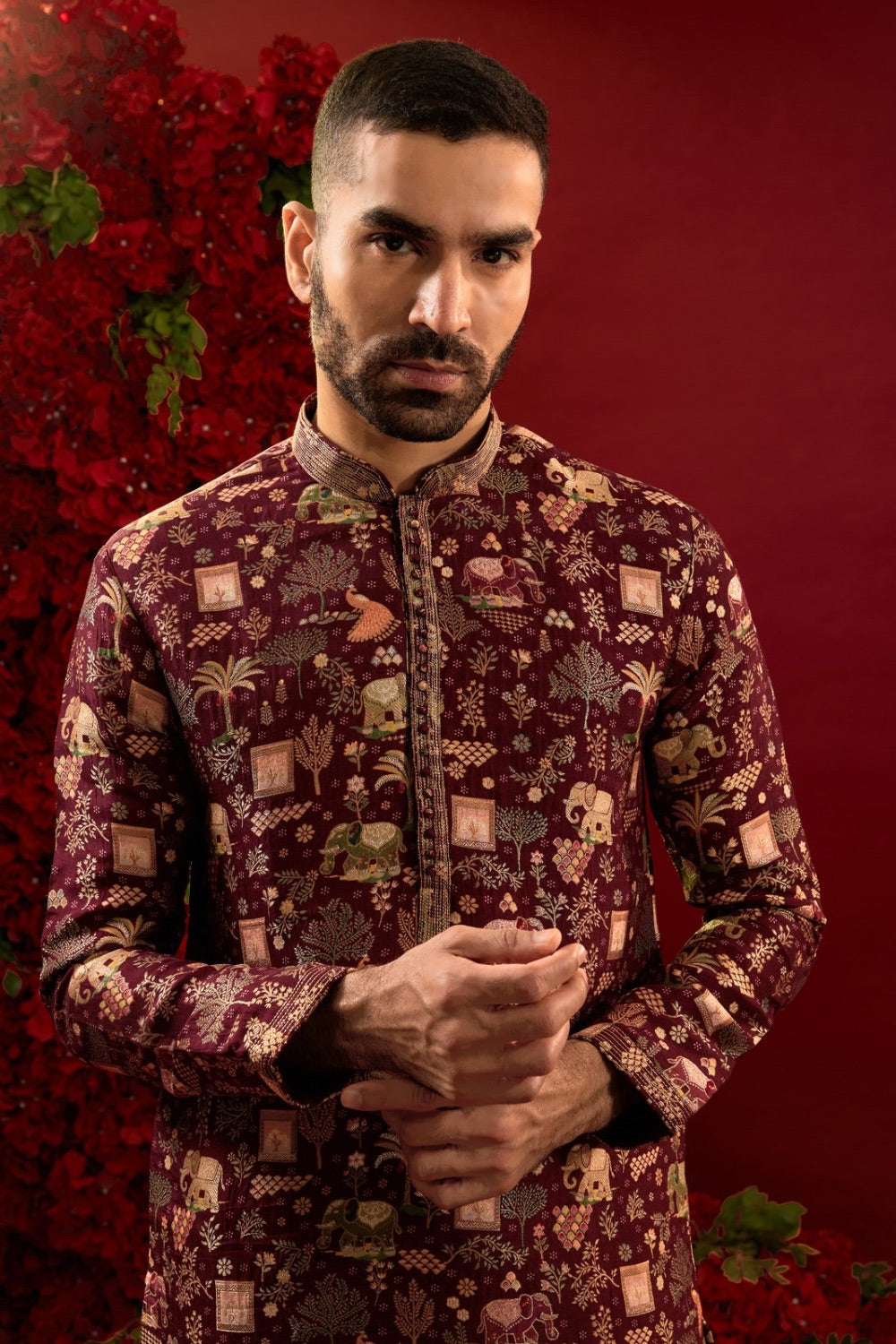 Maroon silk kurta & pajama with machine work