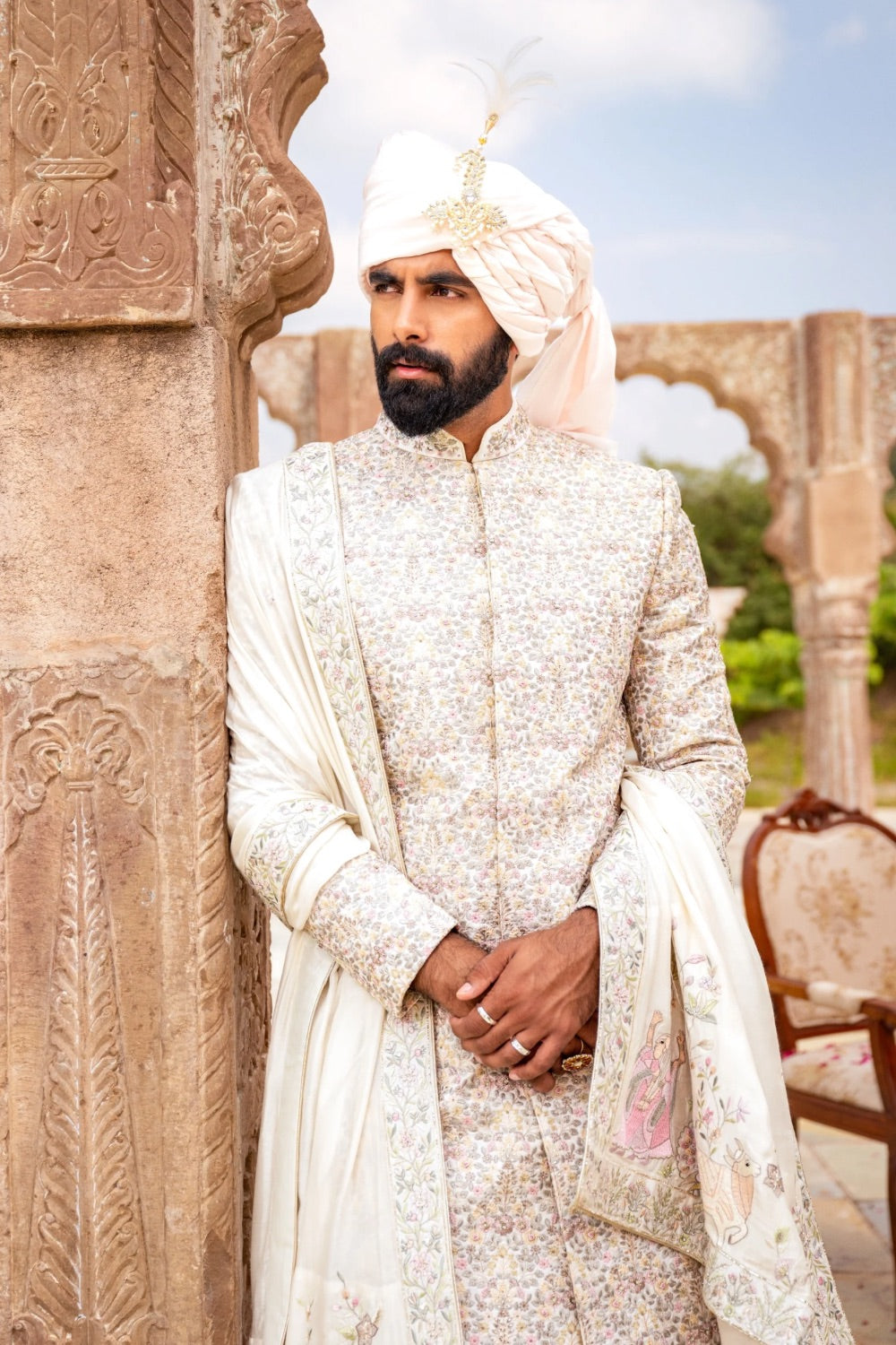 Off-White silk Sherwani with resham, moti and pearl work