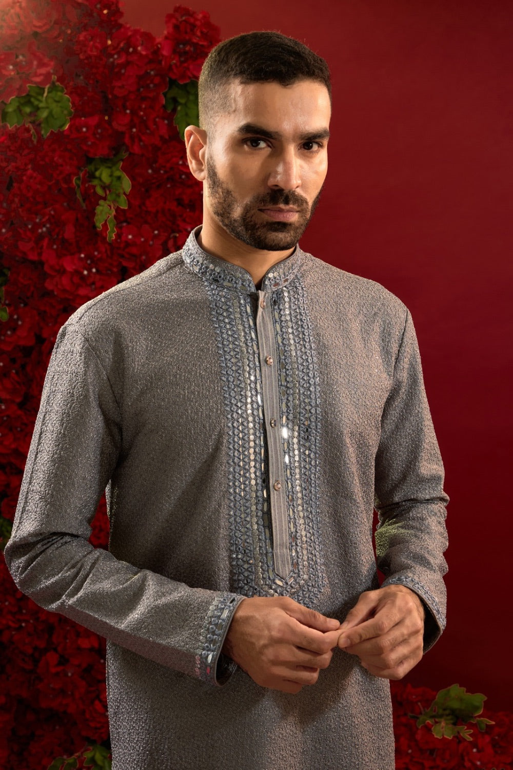 Grey silk kurta & pajama with hand and machine work