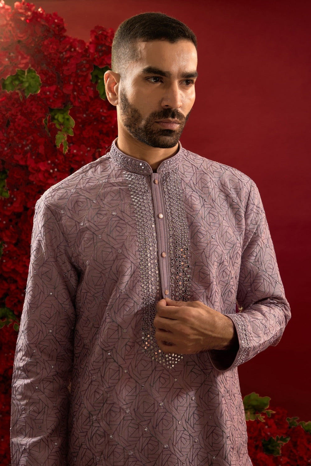 Lilac silk kurta and  pajama with  machine work