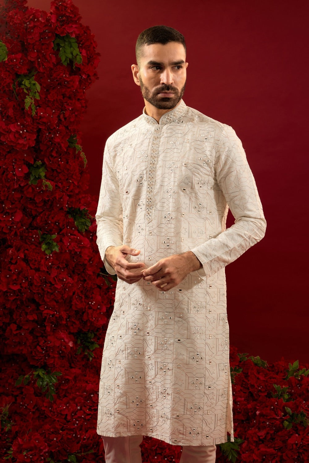 Cream silk kurta and pajama with hand and machine work