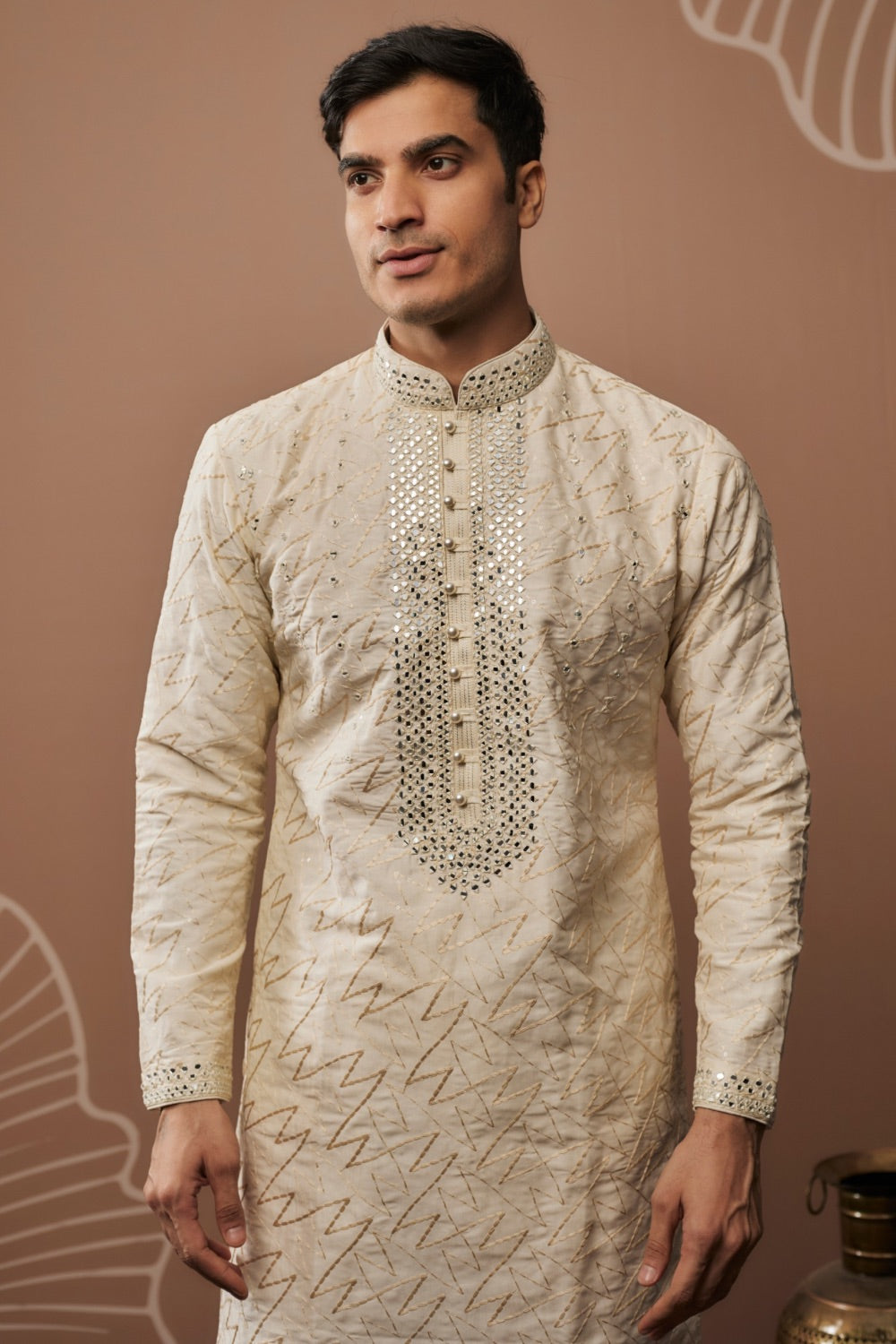 Ivory silk kurta & pajama with hand & machine work