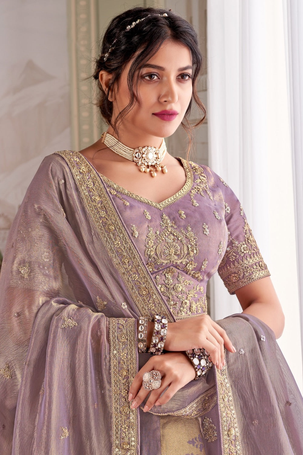 Lavender tissue silk lehenga choli with zardozi work