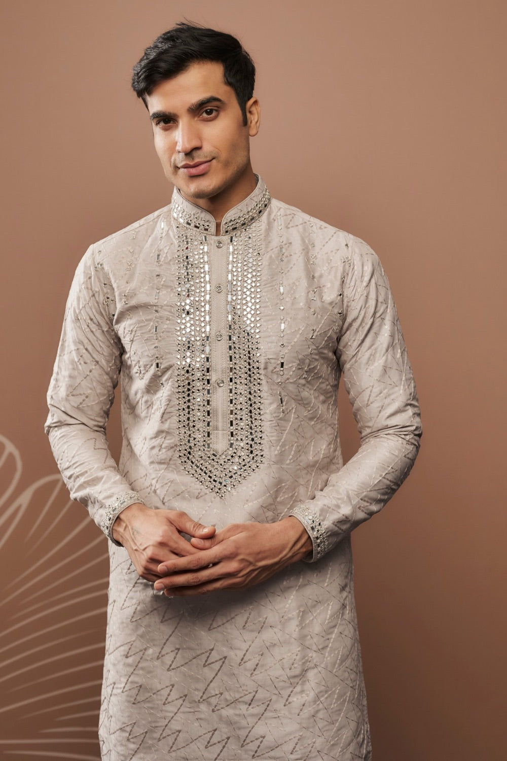 Silver silk kurta & pajama with hand and machine work