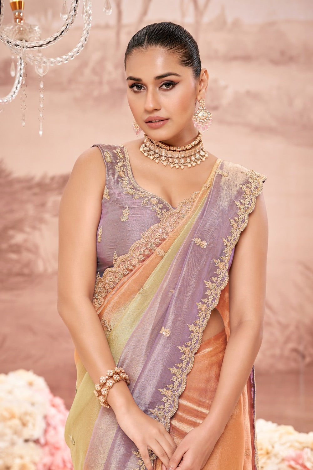 Lilac-Orange ombre soft silk saree