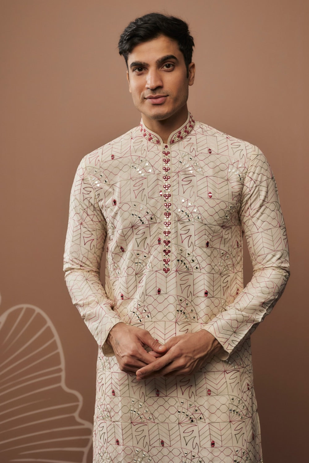 White silk kurta & pajama with hand and machine work