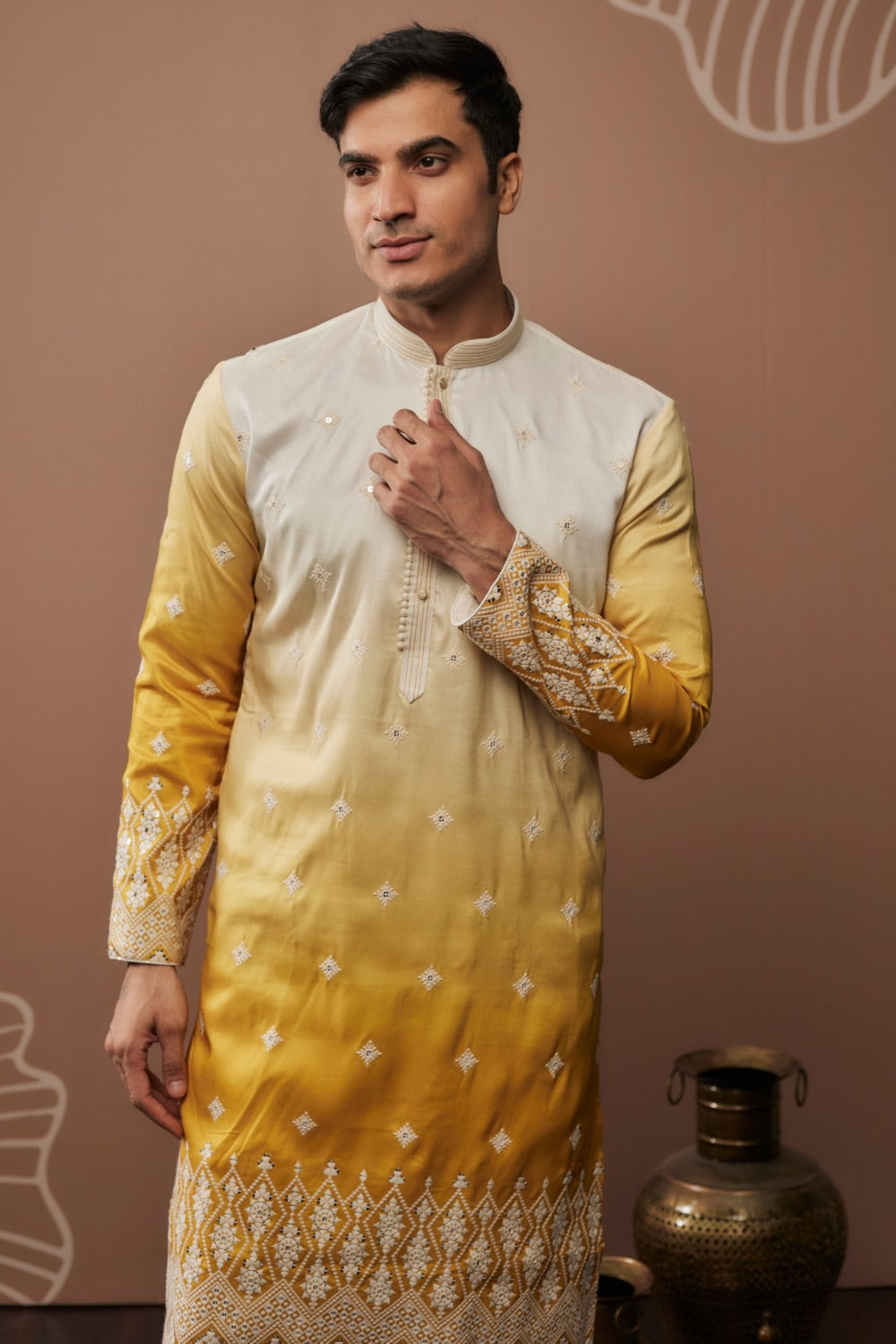 Yellow silk kurta & pajama with hand and machine work