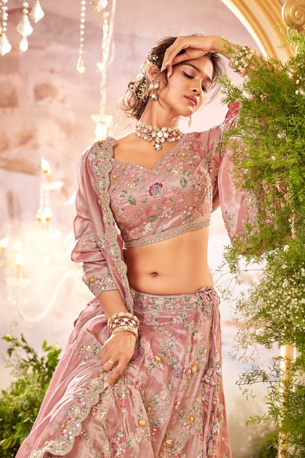 Dusty pink soft tissue lehenga choli with machine work