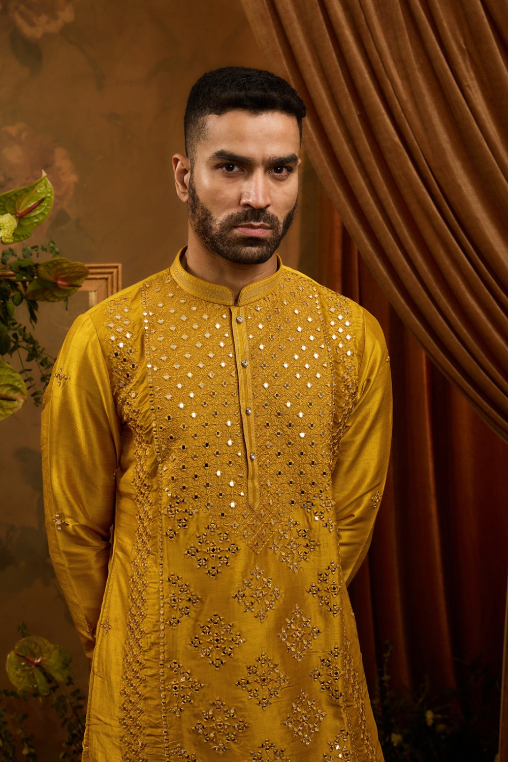 Mustard yellow silk kurta set with thread and mirror work