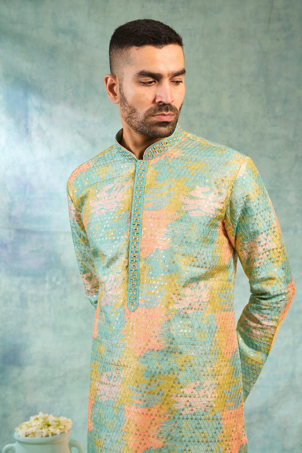 Multicolour silk kurta set with thread work and sequins work