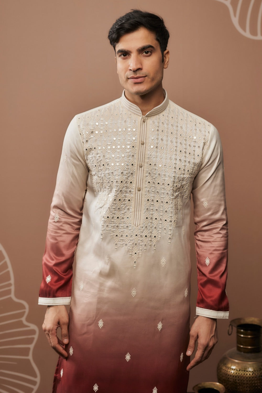 White-wine ombre silk kurta set with mirror work