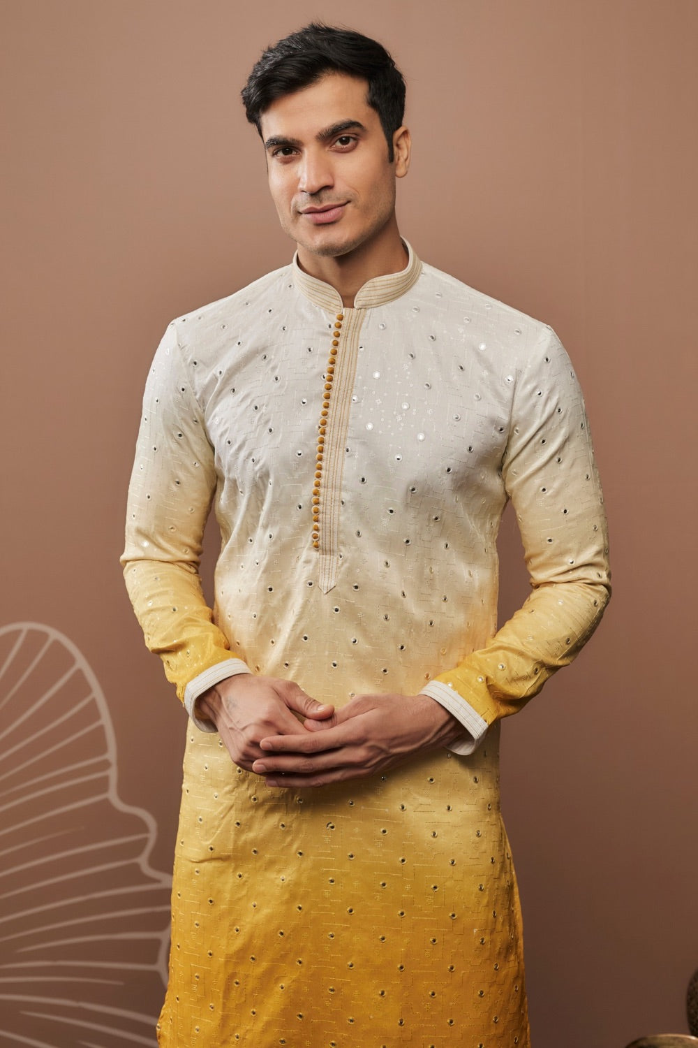 White-yellow ombre silk kurta set with hand and machine work