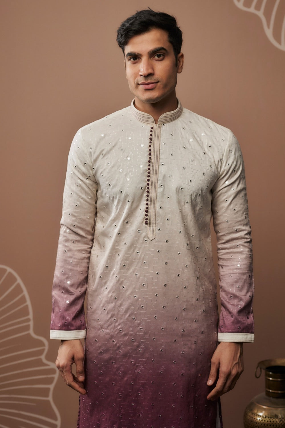 White-purple ombre silk kurta set with mirror work